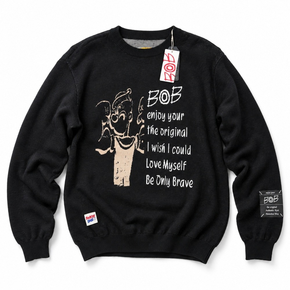 BOB Maison Graphic Knit Sweater Mens 100 Black Crewneck Long Sleeve New